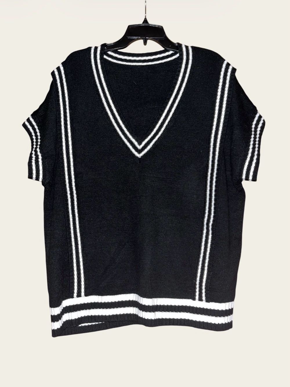Men's Black V-Neck Knit Sweater Vest with White Stripes